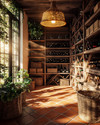 A boho wine cellar featuring reclaimed wood shelving, a terracotta tiled floor, and a rattan pendant light casting a warm glow. Wicker baskets and potted greenery add to the natural, earthy ambiance. — view 4
