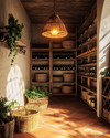 A boho wine cellar featuring reclaimed wood shelving, a terracotta tiled floor, and a rattan pendant light casting a warm glow. Wicker baskets and potted greenery add to the natural, earthy ambiance. — view 2