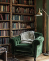 A cozy rustic library featuring reclaimed oak bookshelves filled with books, a deep forest green velvet armchair with a chunky knit wool throw, and an antique brass reading lamp, all set against a warm sage green wall. — view 2