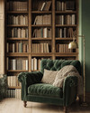 A cozy rustic library featuring reclaimed oak bookshelves filled with books, a deep forest green velvet armchair with a chunky knit wool throw, and an antique brass reading lamp, all set against a warm sage green wall. — view 3