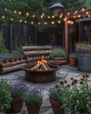 A rustic backyard featuring a central corten steel fire pit, surrounded by natural stone pavers and chunky cedar log benches. Distressed terracotta pots overflow with coneflowers and lavender, while a vintage galvanized tub holds succulents, all under the soft glow of string lights. — view 2