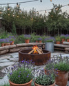 A rustic backyard featuring a central corten steel fire pit, surrounded by natural stone pavers and chunky cedar log benches. Distressed terracotta pots overflow with coneflowers and lavender, while a vintage galvanized tub holds succulents, all under the soft glow of string lights. — view 3