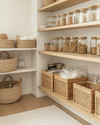 A clean boho pantry with light oak open shelving, white walls, and a variety of clear glass jars with bamboo lids. Woven rattan baskets and light wooden crates neatly store pantry items, while a subtle off-white runner adds texture to the floor. — alternate angle