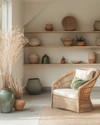 A calm boho garage interior with warm off-white walls, light oak shelving, a natural rattan chair, and muted sage green and terracotta accents in ceramic planters, all bathed in soft, warm light. — alternate angle