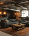 A cozy industrial basement living area with exposed ductwork, a large charcoal sectional sofa, a reclaimed wood coffee table, and an amber-toned area rug, illuminated by warm Edison bulb lighting and task lamps. — alternate angle