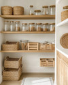 A clean boho pantry with light oak open shelving, white walls, and a variety of clear glass jars with bamboo lids. Woven rattan baskets and light wooden crates neatly store pantry items, while a subtle off-white runner adds texture to the floor.