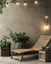 A Scandinavian patio featuring a blend of modern and vintage elements, with a slatted teak lounge chair, a weathered wooden crate side table, and antique ceramic planters filled with green foliage, all under the soft glow of Edison bulb string lights. — close-up of textures and materials
