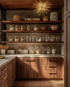 A Mid-Century Modern pantry featuring warm walnut wood shelving, polished concrete countertops, and brass pull handles. Glass canisters and ceramic jars are neatly arranged, illuminated by a Sputnik-style pendant light, with a mix of vintage and modern organizational elements. — alternate angle