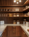 A Mid-Century Modern pantry featuring warm walnut wood shelving, polished concrete countertops, and brass pull handles. Glass canisters and ceramic jars are neatly arranged, illuminated by a Sputnik-style pendant light, with a mix of vintage and modern organizational elements. — close-up of textures and materials