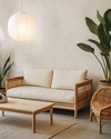A serene Japandi basement living area with a low-profile cream sofa, a light wood coffee table, and a woven rattan armchair. Warm diffused lighting comes from a paper lantern pendant and a minimalist floor lamp, while a large snake plant in a ceramic pot adds natural greenery. — close-up of textures and materials