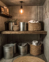 Rustic laundry room with a reclaimed wood floating shelf, galvanized metal buckets, woven rattan baskets, and a small braided jute rug on the floor, lit by a warm Edison bulb pendant. — styling and décor detail