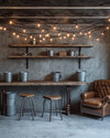 A rustic garage interior featuring exposed concrete walls, a salvaged wood workbench with metal stools, overhead string lights with Edison bulbs, and open shelving made from iron pipes and rough-sawn lumber, accented with galvanized buckets and a worn leather armchair. — close-up of textures and materials
