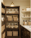 A cozy traditional pantry featuring warm cream walls, rich dark wood shelving, and a mix of woven rattan baskets and clear glass jars holding pantry staples. An aged brass semi-flush mount light fixture illuminates the space. — styling and décor detail