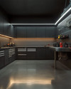 A modern minimalist garage featuring matte charcoal gray flat-panel cabinets, polished concrete flooring, integrated LED strip lighting, and a stainless steel workbench with organized tools on a dark slat wall. — close-up of textures and materials