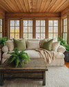A rustic sunroom featuring a natural wood ceiling, a comfortable sofa with cream linen cushions, a chunky knit throw, and sage green accent pillows, surrounded by potted ferns and a vintage distressed wooden coffee table. — close-up of textures and materials