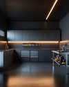 A modern minimalist garage featuring matte charcoal gray flat-panel cabinets, polished concrete flooring, integrated LED strip lighting, and a stainless steel workbench with organized tools on a dark slat wall.