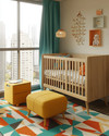 A vibrant Mid-Century Modern baby's room in a small apartment, featuring a natural wood convertible crib, a mustard yellow storage ottoman, and a geometric area rug with teal and orange accents. — alternate angle