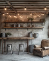A rustic garage interior featuring exposed concrete walls, a salvaged wood workbench with metal stools, overhead string lights with Edison bulbs, and open shelving made from iron pipes and rough-sawn lumber, accented with galvanized buckets and a worn leather armchair. — alternate angle