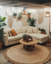 A cozy boho basement living area with a light cream sectional sofa, a round jute rug, and a natural wood coffee table. Warm lighting from a rattan floor lamp and string lights illuminates various potted plants, macrame wall hangings, and terracotta accents. — close-up of textures and materials