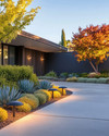 A Mid-Century Modern driveway featuring a broom-finished concrete surface, bordered by low-maintenance agave and sedum plants. Sleek, mushroom-style path lights illuminate the edge, while a Japanese maple provides subtle shade. — styling and décor detail