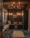 A rustic mudroom featuring warm layered lighting from a wrought iron chandelier and wall sconces, with slate floor tiles, a reclaimed wood bench, and dark wood storage cabinets, accented by woven baskets and a jute rug. — styling and décor detail