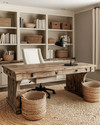 A warm farmhouse home office featuring a large distressed oak desk, a cream linen office chair, open shelving with books and woven baskets, and walls painted in a soft greige. A braided jute rug grounds the space, and a matte black task lamp sits on the desk. — alternate angle