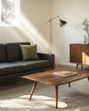 A minimalist Mid-Century Modern family room featuring a low-slung charcoal grey sofa, a walnut coffee table with clean lines, and an iconic Arco Floor Lamp, complemented by a muted olive green accent pillow and a simple credenza. — alternate angle