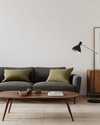 A minimalist Mid-Century Modern family room featuring a low-slung charcoal grey sofa, a walnut coffee table with clean lines, and an iconic Arco Floor Lamp, complemented by a muted olive green accent pillow and a simple credenza.