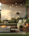 A cozy Mid-Century Modern backyard featuring a low-profile sectional with olive green cushions, a sleek concrete fire pit, and warm string lights draped overhead, complemented by teak side tables and potted snake plants. — styling and décor detail
