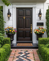 A traditional front yard featuring a dark wood front door with brass hardware, flanked by symmetrical boxwood hedges and modern matte black sconces. A reclaimed brick pathway leads to the entrance, with a vintage cast iron urn holding colorful flowers and a sleek geometric doormat. — styling and décor detail