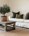A cozy farmhouse living room featuring a cream slipcovered sofa, a distressed wooden coffee table, and a jute area rug. Neutral tones dominate, with accents of charcoal and muted green in throw pillows and a large olive tree in a woven basket, all bathed in soft, inviting light. — styling and décor detail