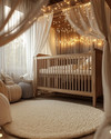 A rustic baby and kids room with a warm, soft glow from layered lighting, featuring a natural wood crib, a cream wool rug, linen curtains, and subtle string lights draped over a canopy. — styling and décor detail
