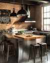 An industrial kitchen featuring exposed brick walls, a large stainless steel island with a butcher block top, and matte black factory-style pendant lights, complemented by distressed leather bar stools and a vintage metal sign. — close-up of textures and materials