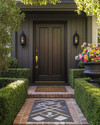 A traditional front yard featuring a dark wood front door with brass hardware, flanked by symmetrical boxwood hedges and modern matte black sconces. A reclaimed brick pathway leads to the entrance, with a vintage cast iron urn holding colorful flowers and a sleek geometric doormat. — alternate angle