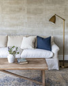 Coastal Landscape living room blending vintage and modern elements, featuring a reclaimed teak coffee table, a linen slipcover sofa, and a brushed brass floor lamp, with walls painted in a soft Balboa Mist grey and accents of deep ocean blue and coral. — close-up of textures and materials