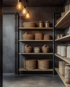 An industrial pantry featuring unfinished oak shelves, dark steel piping supports, and a polished concrete floor. Exposed Edison bulb pendants hang from the ceiling, illuminating woven wicker baskets and ceramic canisters in earthy tones. — close-up of textures and materials
