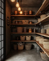 An industrial pantry featuring unfinished oak shelves, dark steel piping supports, and a polished concrete floor. Exposed Edison bulb pendants hang from the ceiling, illuminating woven wicker baskets and ceramic canisters in earthy tones. — alternate angle