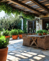 A rustic patio featuring a large flagstone patio surface, a solid wood dining table with woven rattan chairs, and terracotta planters filled with lush green plants under a natural wood pergola. — alternate angle