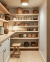 A bright Scandinavian pantry with open birch wood shelving, featuring a mix of modern glass jars with wooden lids and vintage ceramic crocks. A small wooden step stool sits on a light oak floor, with a modern ceiling light and a vintage-style task lamp providing illumination. — alternate angle