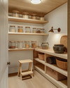 A bright Scandinavian pantry with open birch wood shelving, featuring a mix of modern glass jars with wooden lids and vintage ceramic crocks. A small wooden step stool sits on a light oak floor, with a modern ceiling light and a vintage-style task lamp providing illumination.