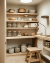 A bright Scandinavian pantry with open birch wood shelving, featuring a mix of modern glass jars with wooden lids and vintage ceramic crocks. A small wooden step stool sits on a light oak floor, with a modern ceiling light and a vintage-style task lamp providing illumination. — close-up of textures and materials