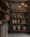 An industrial pantry featuring unfinished oak shelves, dark steel piping supports, and a polished concrete floor. Exposed Edison bulb pendants hang from the ceiling, illuminating woven wicker baskets and ceramic canisters in earthy tones.