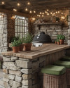 A cozy rustic outdoor kitchen featuring a stacked stone island with a natural wood countertop, a built-in grill, and string lights draped overhead. Terracotta pots with herbs sit on the counter, and comfortable wicker stools with green cushions are pulled up to the bar. — alternate angle