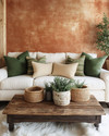 A cozy rustic family room featuring a warm terracotta accent wall behind a cream linen sofa adorned with forest green and oatmeal throw pillows. A distressed wooden coffee table sits on a faux sheepskin rug, while woven baskets and ceramic planters with greenery add natural elements. — close-up of textures and materials
