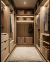 A modern walk-in closet with light oak cabinetry, integrated warm LED lighting, and a cream plush rug. Woven rattan baskets and matte black hardware add a cozy, inviting feel to the organized space. — styling and décor detail