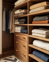 A meticulously organized Mid-Century Modern closet featuring warm walnut built-in shelving, brass pull handles, and open displays of neatly folded garments in an earthy color palette, with a subtle geometric rug. — alternate angle
