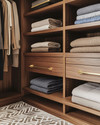 A meticulously organized Mid-Century Modern closet featuring warm walnut built-in shelving, brass pull handles, and open displays of neatly folded garments in an earthy color palette, with a subtle geometric rug. — close-up of textures and materials