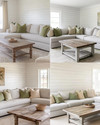 A calm farmhouse family room with a light grey sectional sofa, creamy white shiplap walls, a distressed wooden coffee table, and soft green and beige throw pillows, illuminated by natural light.