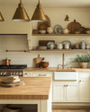 A cozy farmhouse kitchen features creamy off-white shaker cabinets, a large oak butcher block island, and a ceramic farmhouse sink. Warm brass pendant lights hang above the island, illuminating open shelves displaying vintage ceramic dishes and cookbooks. — close-up of textures and materials