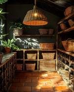 A boho wine cellar featuring reclaimed wood shelving, a terracotta tiled floor, and a rattan pendant light casting a warm glow. Wicker baskets and potted greenery add to the natural, earthy ambiance.